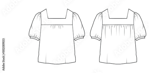 square neck puffed sleeve top design flat sketch fashion illustration drawing with front and back view.