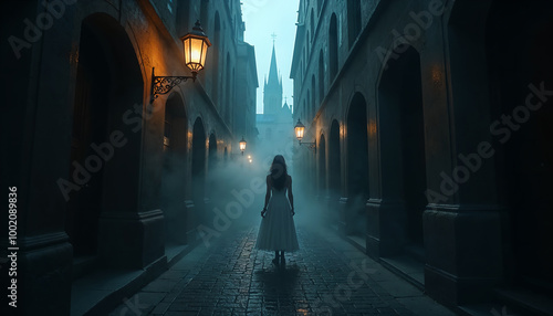 Mystical Gothic Alley at Night with Solitary Woman