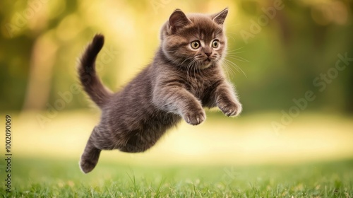 A playful kitten leaps joyfully through a green meadow, capturing the essence of feline curiosity and energy.