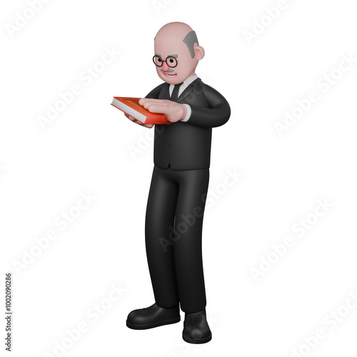 Male Judge in 3D Professional Judicial. A male judge is seen standing with both hands holding a book with a red cover, as if he is closing the book. Cartoon photo