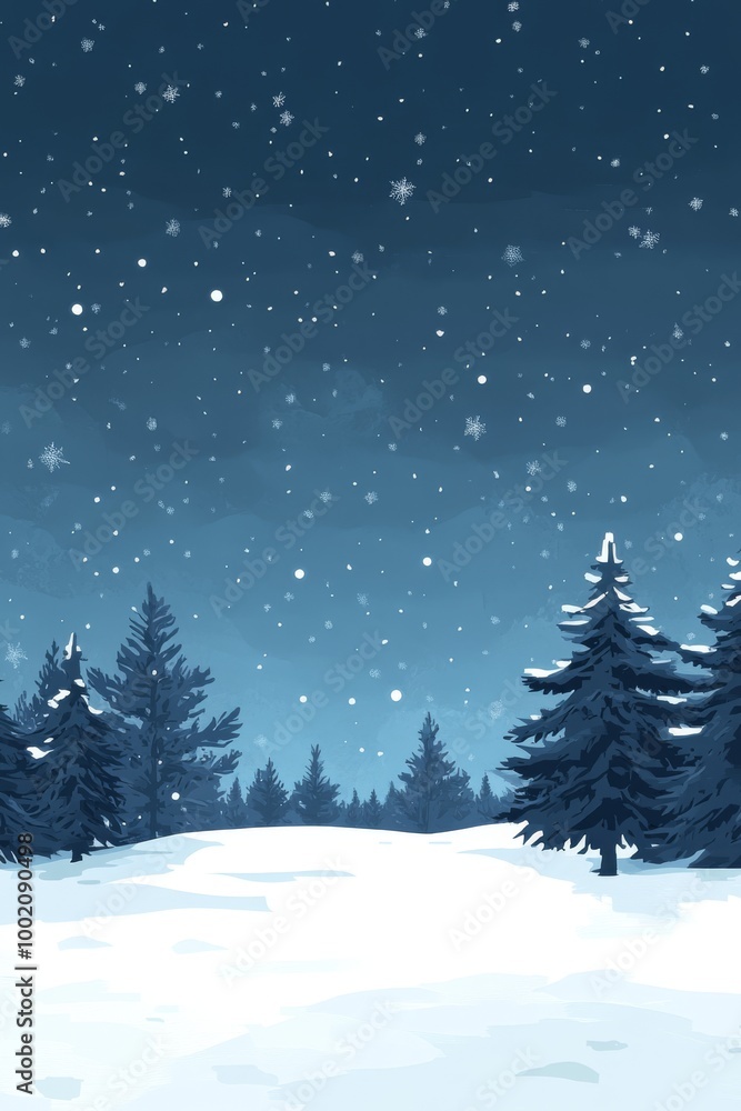 Naklejka premium Snow-covered landscape under a starry night sky showcasing winter trees and gentle snowfall in a serene outdoor setting