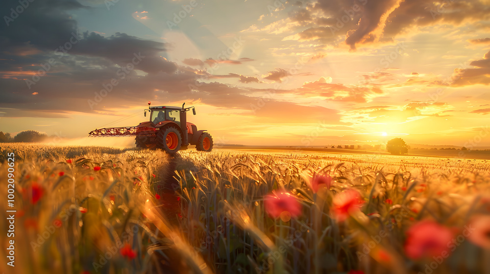 Fototapeta premium irrigation tractor driving spraying or harvesting an agricultural crop at sunset with information infographic data datum as banner design for agriculture industry and food supply production concepts