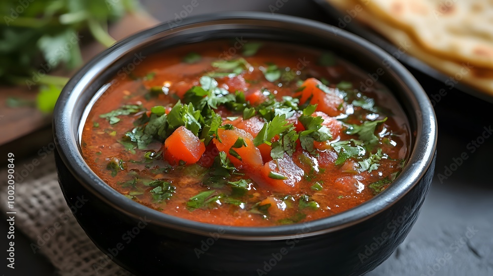 A bowl of refreshing and tangy tomato saar garnished with fresh coriander A bowl of refreshing and tangy tomato saar garnished with fresh coriander