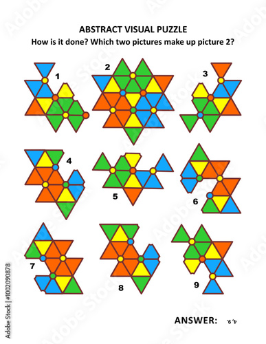 Abstract visual puzzle. Educational mathematics. Spatial reasoning skills training. Answer included.

