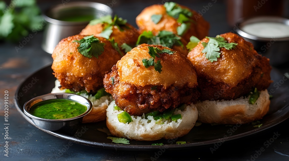 A plate of hot and crispy vada pav with green chili and chutney A plate of hot and crispy vada pav with green chili and chutney