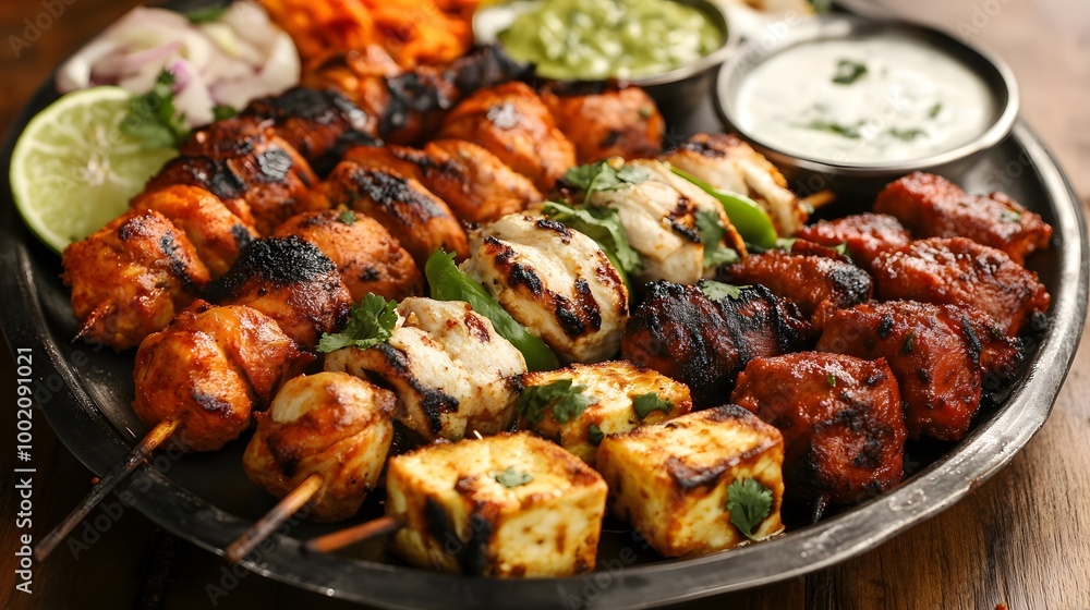 A platter of kebabs including chicken tikka, seekh kebab, and paneer tikka A platter of kebabs including chicken tikka, seekh kebab, and paneer tikka