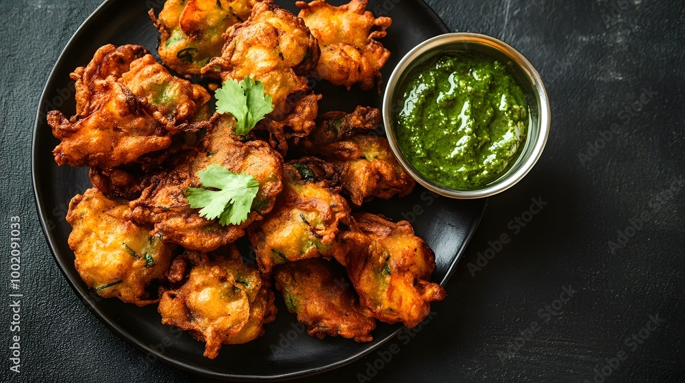 A plate of crispy and golden-brown onion bhajis served with mint chutney A plate of crispy and golden-brown onion bhajis served with mint chutney