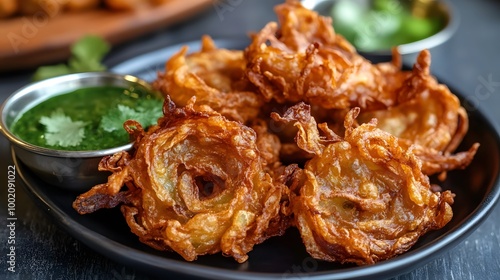 A plate of crispy and golden-brown onion bhajis served with mint chutney