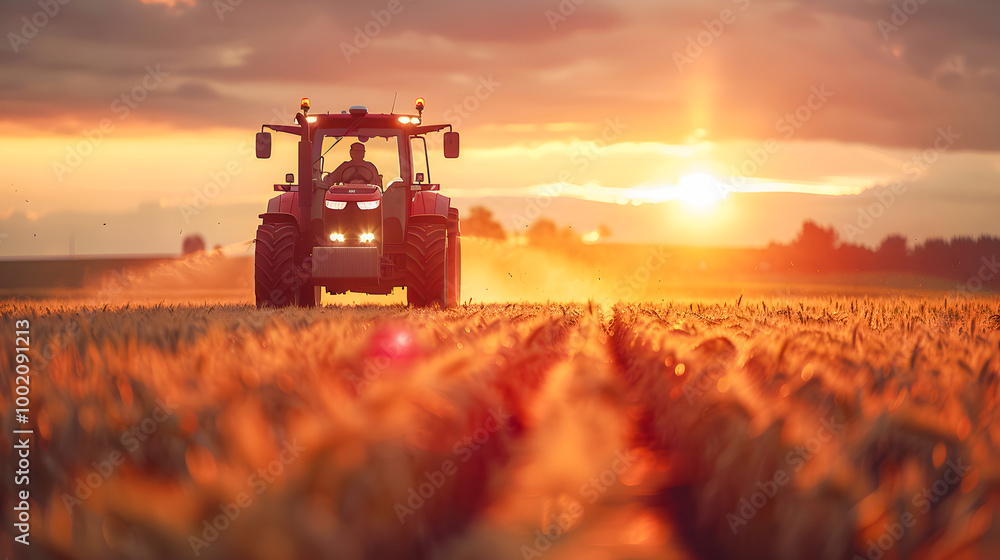 Fototapeta premium irrigation tractor driving spraying or harvesting an agricultural crop at sunset with information infographic data datum as banner design for agriculture industry and food supply production concepts