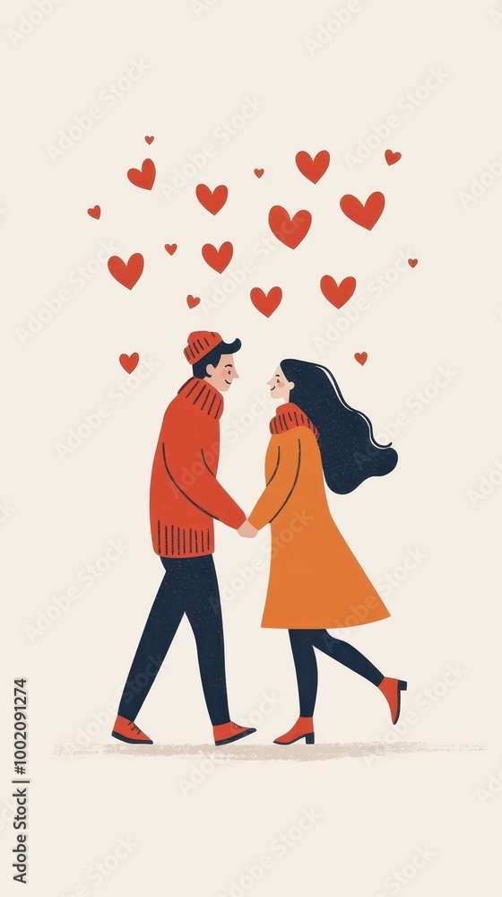 A couple strolls in love, surrounded by hearts on Valentine's Day A couple strolls in love, surrounded by hearts on Valentine's Day