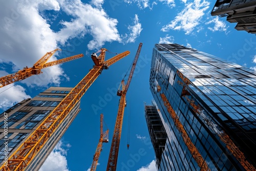 Hyper-realistic view of a modern urban skyscraper, with every detail of the architecture, glass reflections, and surrounding cranes vividly captured photo