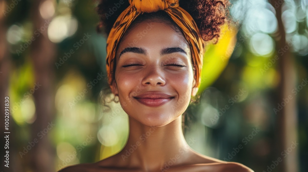 Smiling Woman with Headband Surrounded by Nature Smiling Woman with Headband Surrounded by Nature