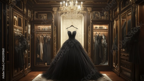 A luxurious walk-in closet with a black ball gown hanging on a hanger in the center.