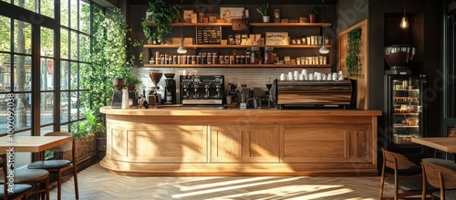 Modern coffee shop interior with wooden counter, coffee machine, and a window view.