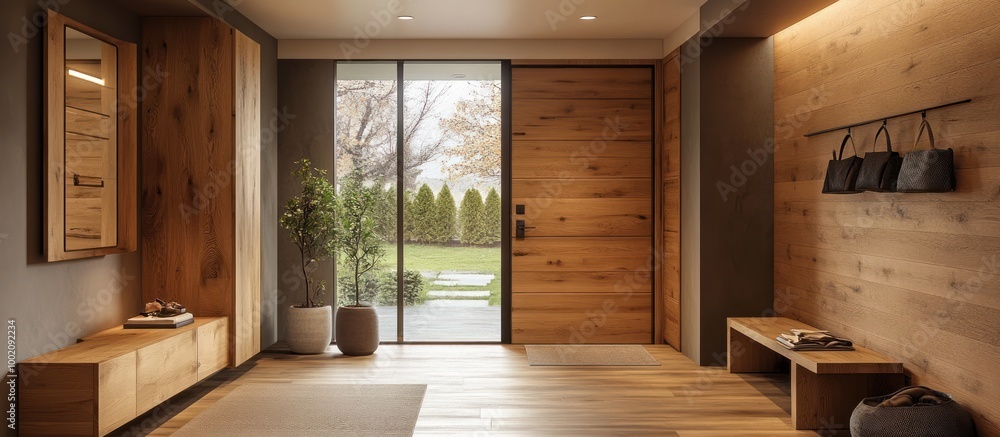 Modern entryway with wooden walls, a bench, and a door leading to a garden. Modern entryway with wooden walls, a bench, and a door leading to a garden.
