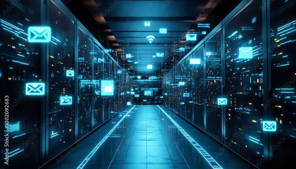 Fototapeta premium Futuristic digital corridor with glowing lights, symbolizing tech innovation.