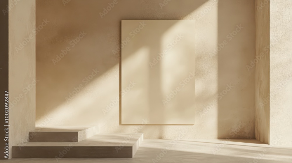 Fototapeta premium Mock up frame in a minimalist empty room with light taupe walls, no furniture, 3D render 