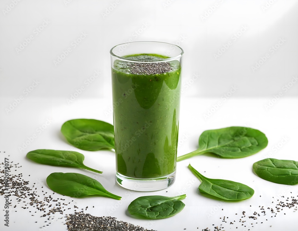 Green Smoothie with Spinach. A tall glass of green smoothie made with spinach, bananas, and chia seeds Green Smoothie with Spinach. A tall glass of green smoothie made with spinach, bananas, and chia seeds