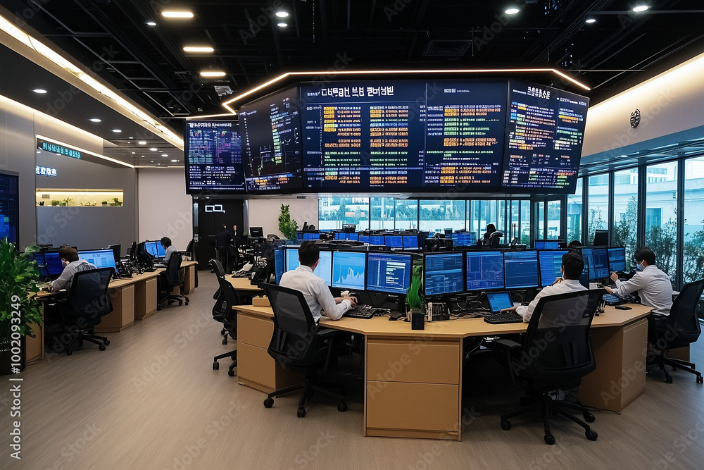 A Trading Office with Rows of Desks: Traders Monitoring Markets on Multiple Displays A Trading Office with Rows of Desks: Traders Monitoring Markets on Multiple Displays