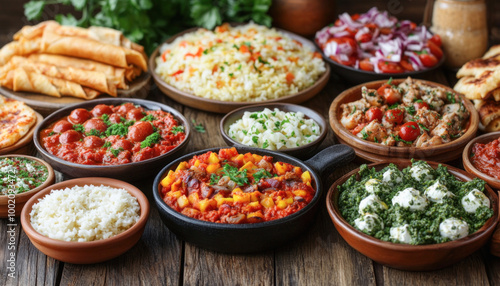 Assortment of delicious indian food on rustic wooden table background