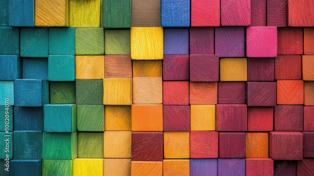 Vibrant multicolored wooden blocks arranged in a grid pattern
Vibrant multicolored wooden blocks arranged in a grid pattern