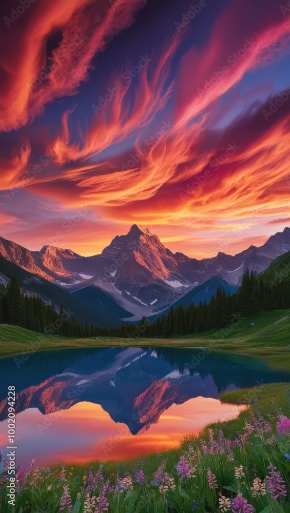 Serene Sunset Majesty: A Vibrant Mountain Reflection Landscape Serene Sunset Majesty: A Vibrant Mountain Reflection Landscape