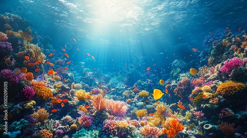 Vibrant coral reef with colorful fish and sun rays in a tropical ocean.