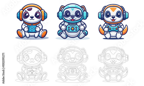 Flat cartoon design of a cute panda robot mascot. Suitable for card, book, and advertisement designs 