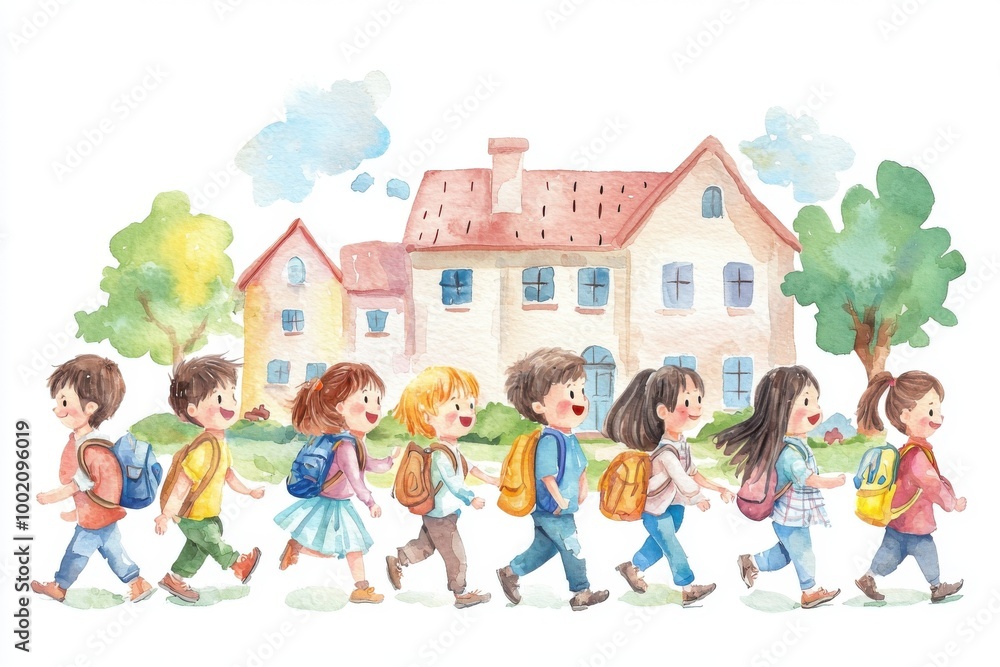 A cheerful group of children joyfully walking to school, showcasing friendship and childhood adventure in a colorful, vibrant illustration. A cheerful group of children joyfully walking to school, showcasing friendship and childhood adventure in a colorful, vibrant illustration.