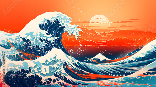 Great wave in ocean as Japanese style illustration wallpaper