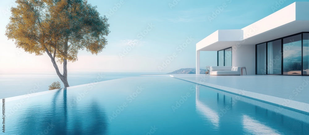 Fototapeta premium Modern white house with infinity pool overlooking ocean.