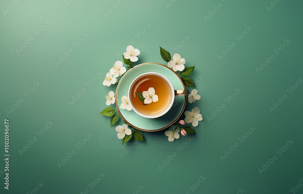 A cup of tea with a flower floating in it sits on a saucer surrounded by blossoms on a green background. A cup of tea with a flower floating in it sits on a saucer surrounded by blossoms on a green background.