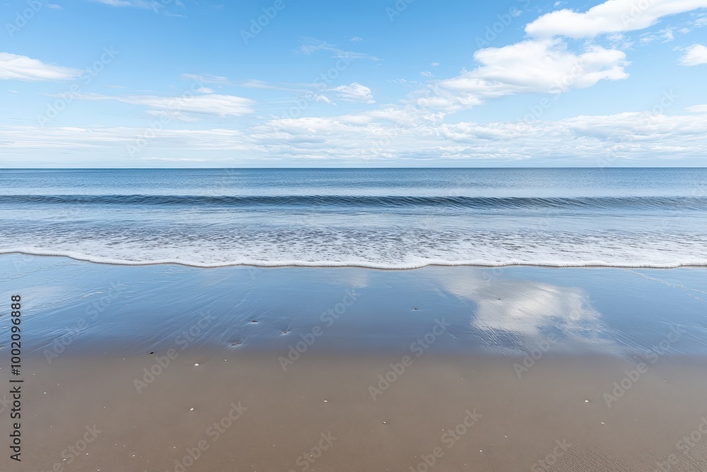 Calm blue waters meet the sandy shore on a bright summer day. The reflection of the clouds in the water creates a beautiful, peaceful scene. Calm blue waters meet the sandy shore on a bright summer day. The reflection of the clouds in the water creates a beautiful, peaceful scene.