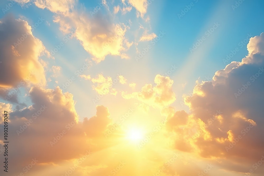 Obraz premium A breathtaking sunset with vibrant golden clouds and a radiant sun.