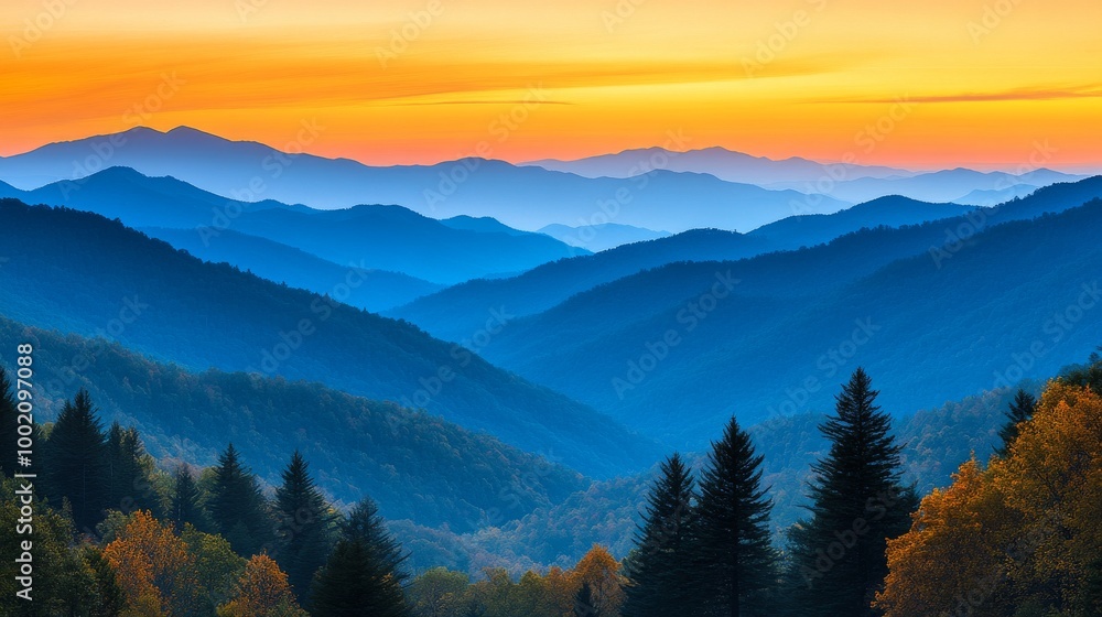 Obraz premium Golden sunrise illuminates the smoky mountains with layers of blue hills and autumn foliage in a peaceful morning landscape