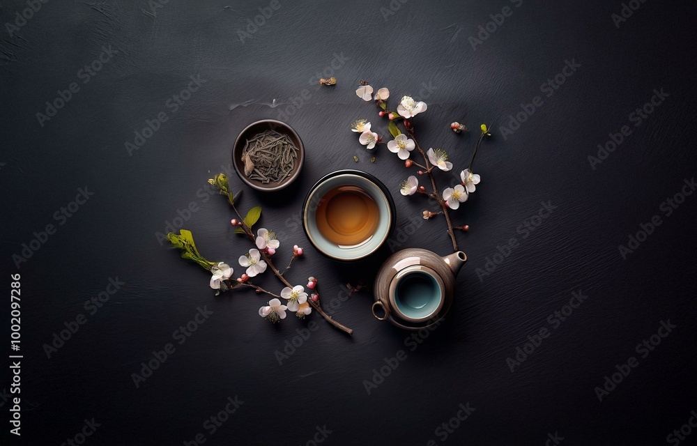 A teacup, teapot, and bowl of dried leaves sit on a dark textured surface with blooming flowers and a branch. A teacup, teapot, and bowl of dried leaves sit on a dark textured surface with blooming flowers and a branch.