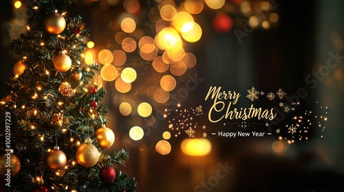 Merry Christmas and Happy New Year banner with a decorated tree blurred background and sparkling gold bokeh lights. photo