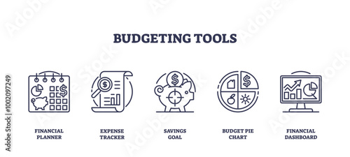 Outline icons set of budgeting tools including financial planner, expense tracker, savings goal, budget pie chart, and financial dashboard, preferably at the end of the sentence.