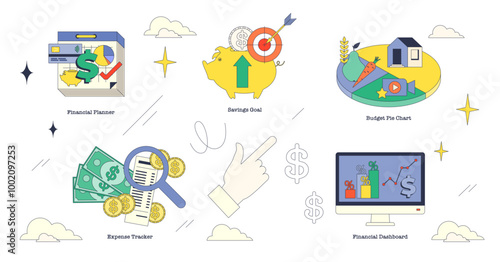 Conceptual illustration of budgeting tools in neubrutalism style collection, featuring financial planner, savings goal, and budget pie chart, transparent background.