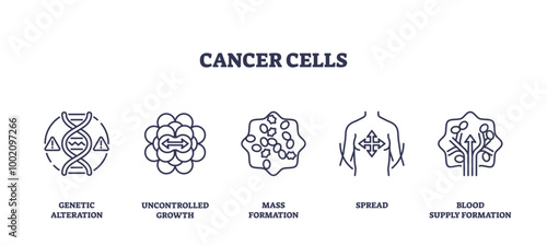 Outline icons set depicting genetic alteration, uncontrolled growth, mass formation, spread, and blood supply formation in cancer cells, outline icons set, transparent background.