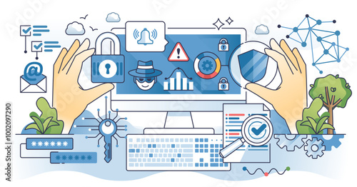 Cybersecurity dictionary and network security terms outline hands concept, transparent background.