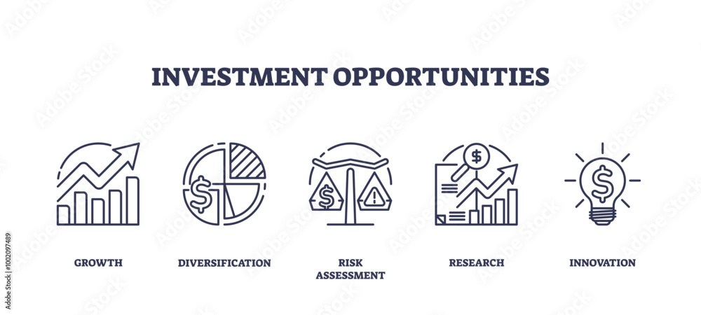 © VectorMine - Outline icons set representing growth, diversification, risk assessment, research, and innovation in investment opportunities, transparent background. © VectorMine - Outline icons set representing growth, diversification, risk assessment, research, and innovation in investment opportunities, transparent background.