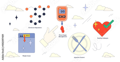 Illustration of weight scale, blood sugar monitor, and healthy lifestyle icons in neubrutalism style collection, transparent background.