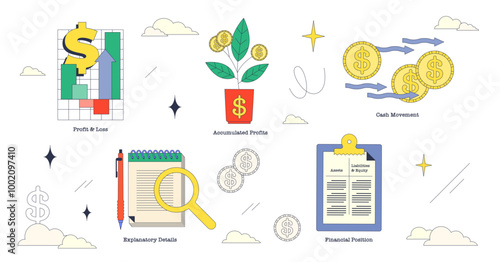 Illustration of financial statements with profit and loss, accumulated profits, and cash movement in neubrutalism style collection, transparent background.