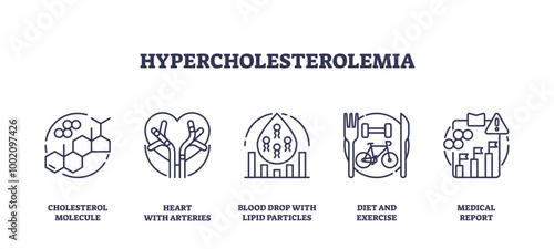 Outline icons set depicting cholesterol molecule, heart with arteries, and blood drop with lipid particles, representing hypercholesterolemia, transparent background. Outline icons set.