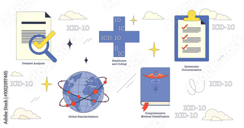 Illustration of ICD-10 codes with global standardization, healthcare coding, and systematic documentation in neubrutalism style collection, transparent background.