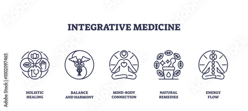 Integrative medicine icons outline set showing holistic healing, balance and harmony, mind-body connection, natural remedies, and energy flow, transparent background. Outline icons set.