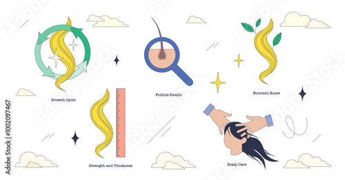 Illustrations of hair growth stages, scalp care, and nutrient boost in neubrutalism style collection, transparent background.