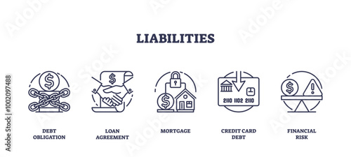 Outline icons set representing debt obligation, loan agreement, mortgage, credit card debt, and financial risk, preferably at the end of the sentence, transparent background.