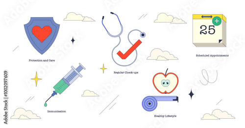 Illustration of preventative healthcare elements like a shield, stethoscope, and syringe in neubrutalism style collection, transparent background.